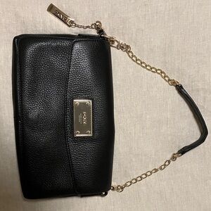 DKNY Black Leather Clutch with Gold Chain